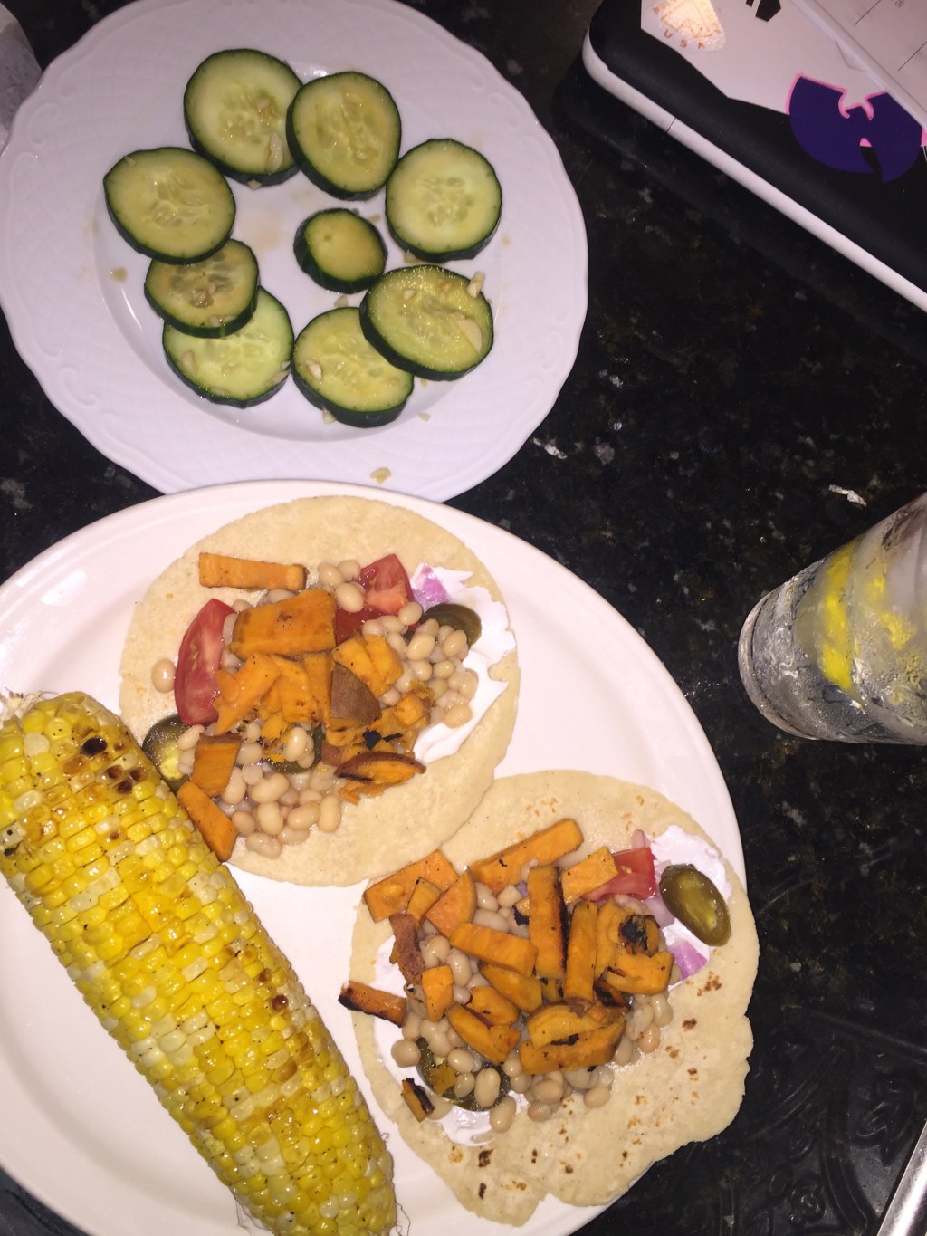 White Bean & Sweet Potato Tacos / Oven Roasted Corn / Asian Cucumber&nbsp;Salad