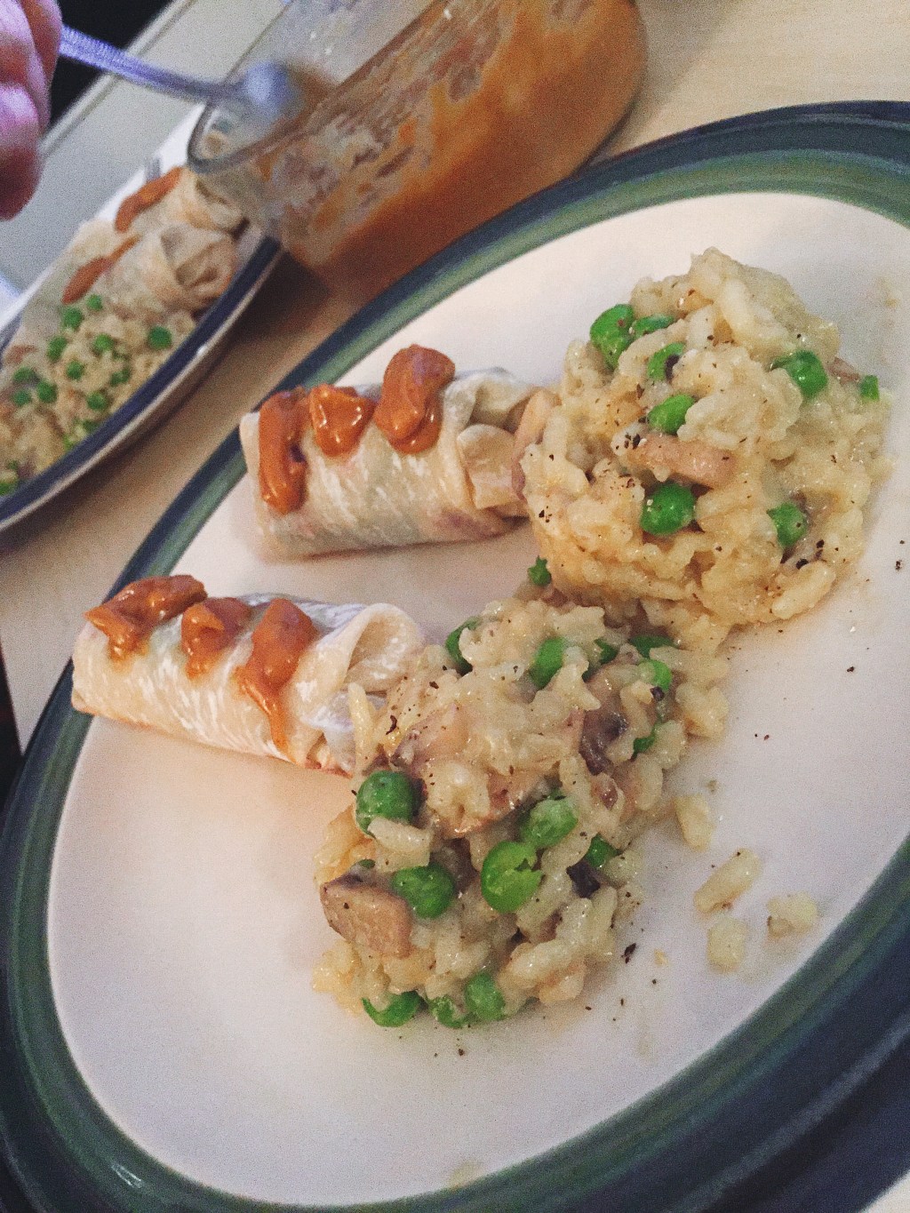 Spring Rolls w Spicy Peanut Sauce & Mushroom-Pea&nbsp;Risotto