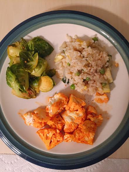 Summer Squash & Zucchini Risotto, Buffalo Cauliflower Bites, & Pan Roasted Brussel&nbsp;Sprouts