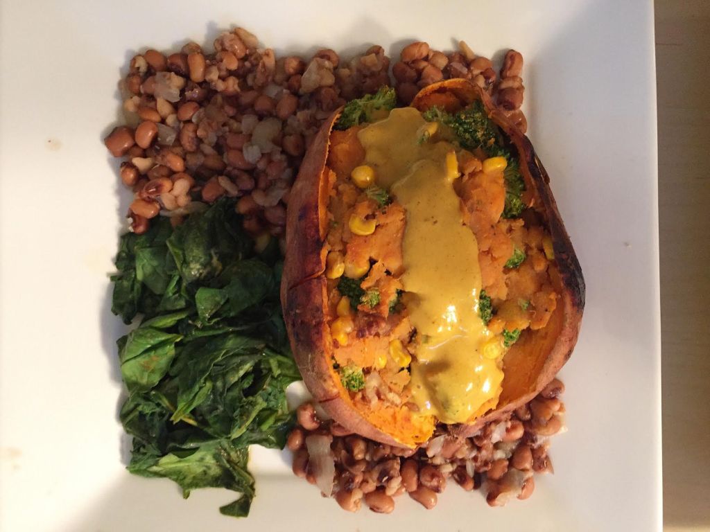 Stuffed Sweet Potatoes w Nutritional Yeast Cheese Sauce & Slow Cooker Black-Eye&nbsp;Peas