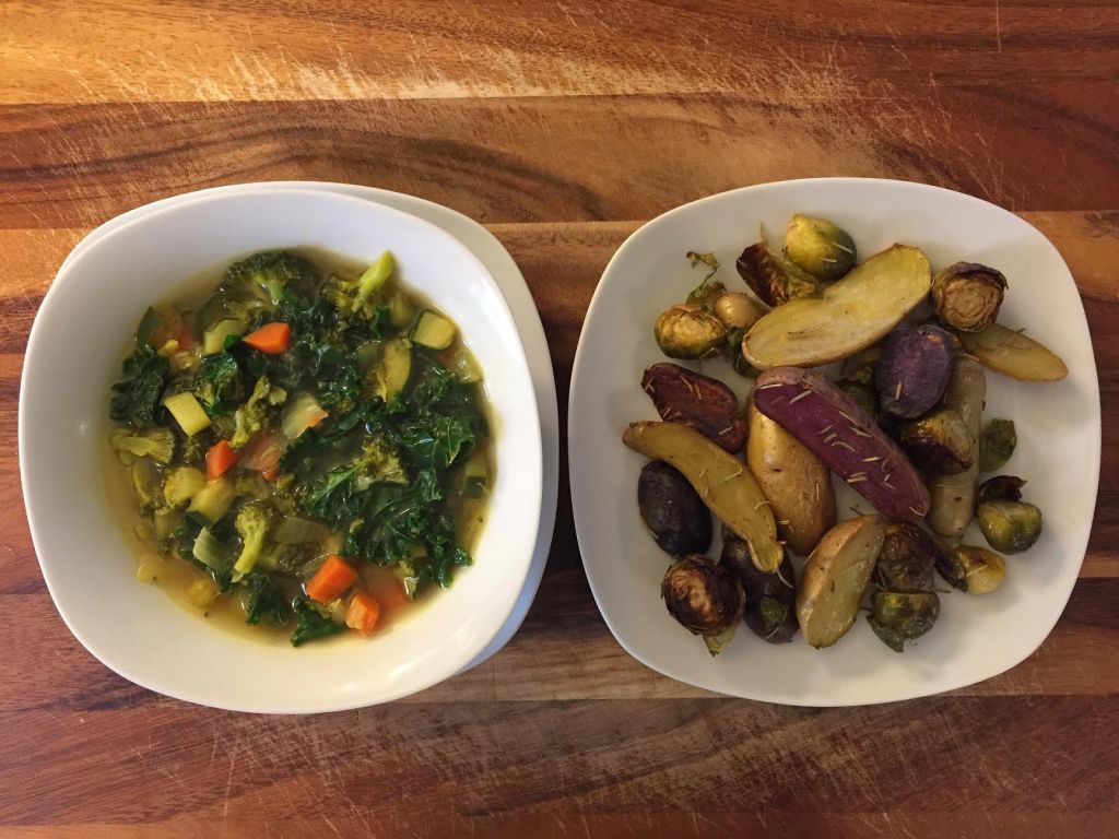 Eat Your Greens Detox Soup w Roasted Rosemary Brussel Sprouts & Fingerling&nbsp;Potatoes